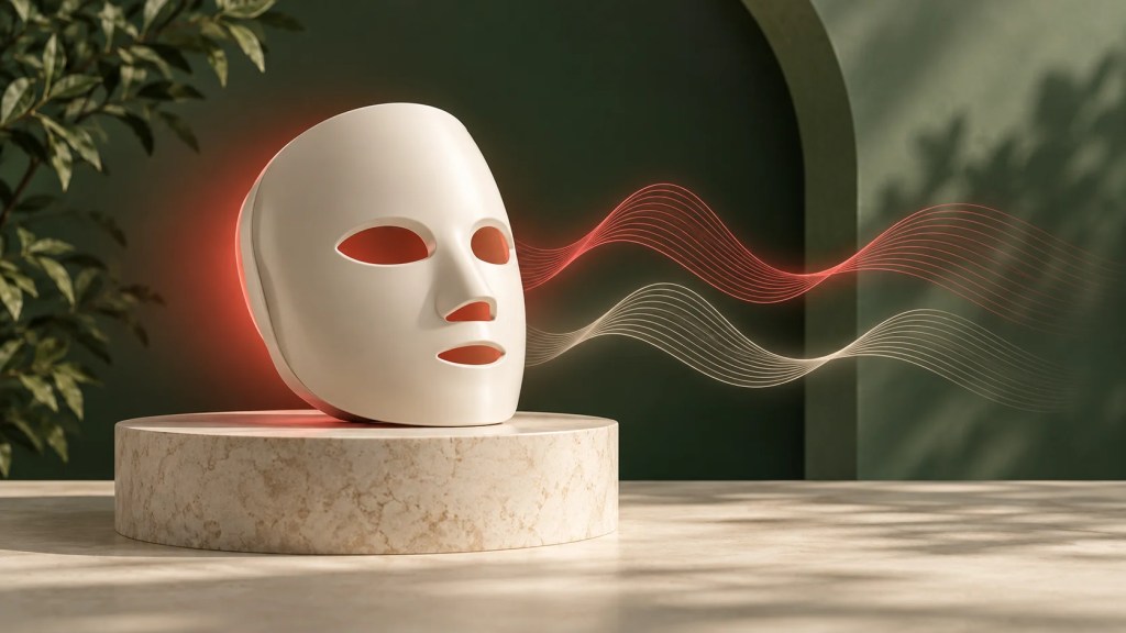 Ilustración conceptual de una máscara facial LED genérica junto a ondas decorativas sobre un fondo verde.