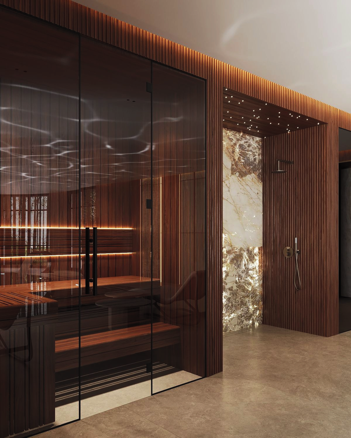 Propuesta de sauna acristalada de madera junto a una ducha con iluminación cálida